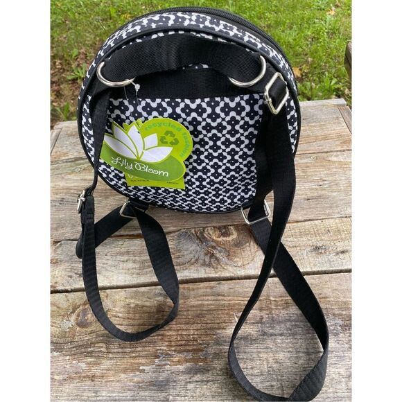 Lily Bloom Rebecca Convertible Round Backpack Black White Green - Picture 2 of 4